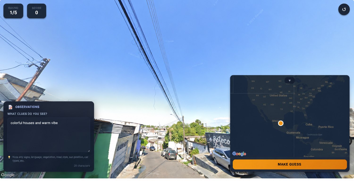 The human annotation portal: a navigable Street View panorama with an OBSERVATIONS panel asking what clues the player sees, a world mini-map with a placed marker, and a MAKE GUESS button.