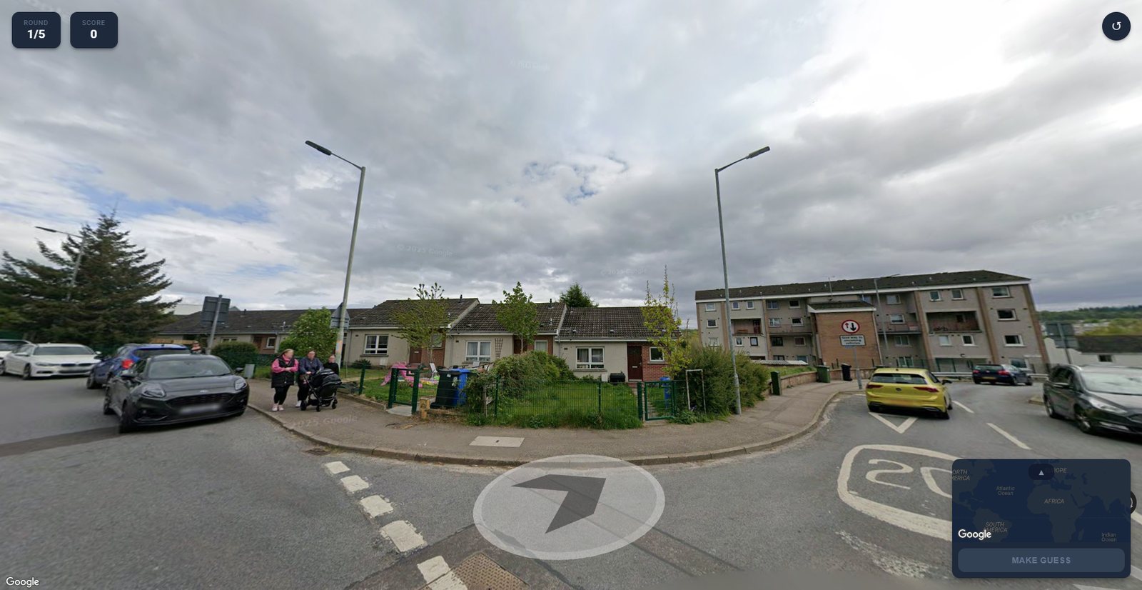 The GeoAgent web interface showing a navigable Street View panorama of a residential street, with round counter, score, movement arrow, world mini-map and a MAKE GUESS control.