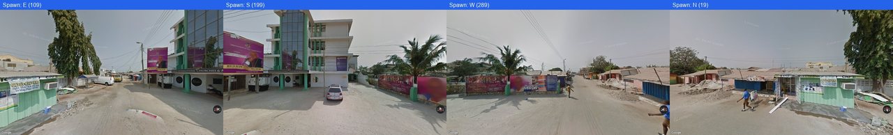 A 4-view composite: four Street View screenshots at cardinal headings stitched into one strip.