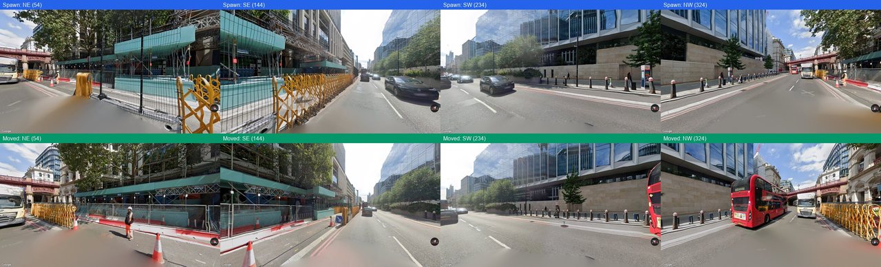 An 8-view composite: spawn-point views on the top row, post-MOVE_FORWARD views on the bottom row.